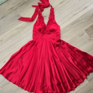 Red Halter Satin Dress with Ruffled V-Neck